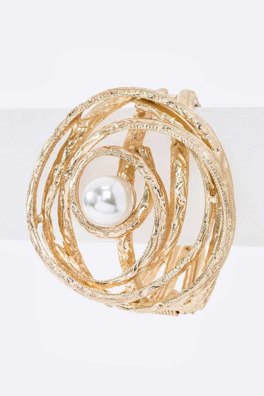 Pearl Accent Oversize Textured Hinged Bangle