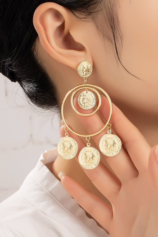 Double hoop drop earrings with dangling coins