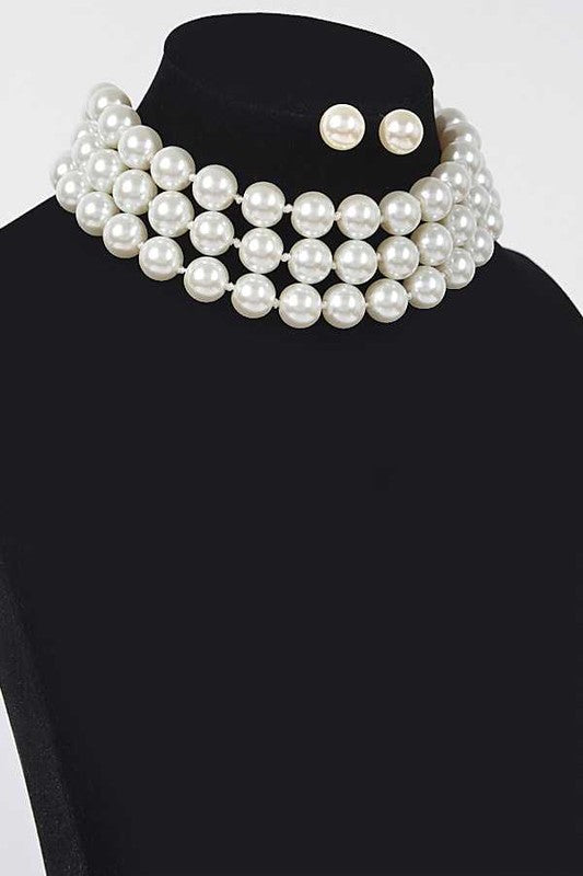 Hand Knot Pearls Layer Choker Necklace Set