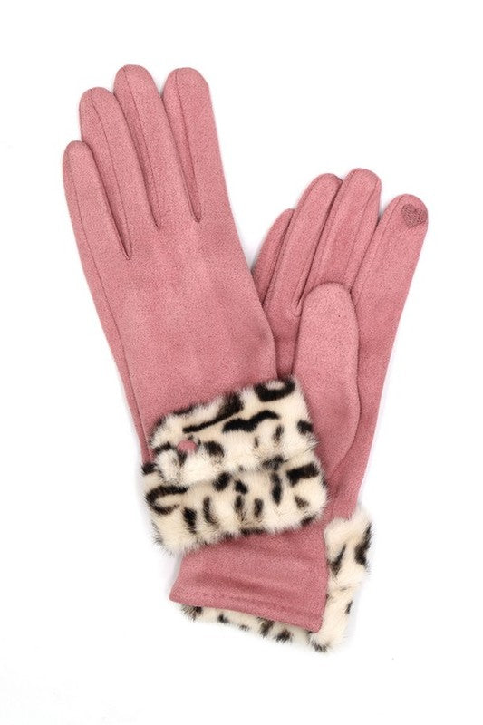 Leopard Printed Fur Trim Sueded Smart Gloves